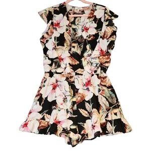 Umgee Womens Black Floral Romper Shorts Sz M Short Sleeve Ruffle Faux Wrap‎ Boho